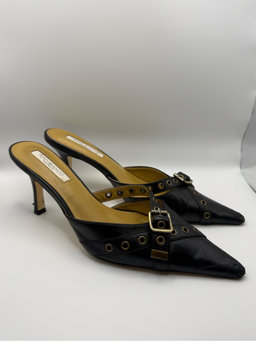 Tony Bianco Black Pointed Leather Mule with Gold Buckle - Picture 2 of 10